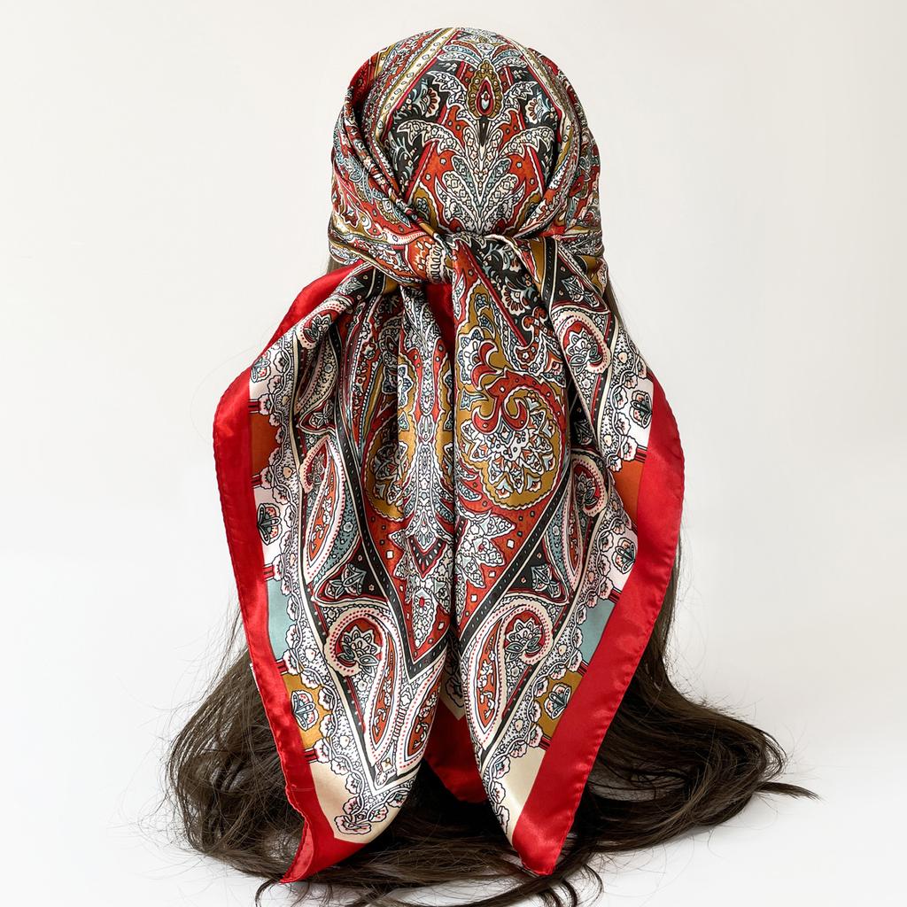 Women's 90cm Satin Paisley Print Square Scarf: Women's Shawl, Outerwear, Sun Protection, Headscarf, Scarf