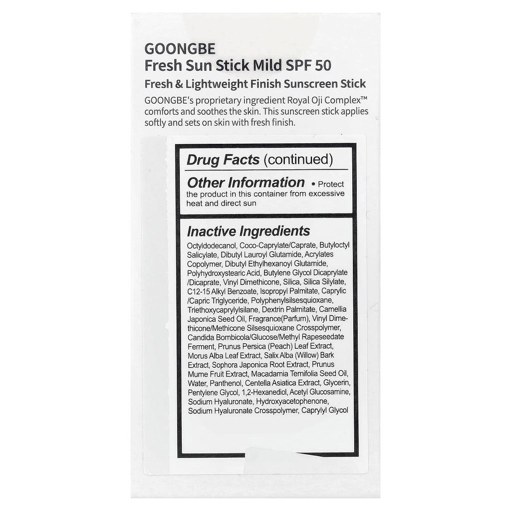 GOONGBE Fresh Sun Stick Sunscreen, Mild, SPF 50, 23g (0.81oz)