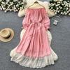 Sweet Women Loose A Line Dress Slash Neck Lantern Sleeves Bandage Waist Gathered Lace Spliced Long Dress