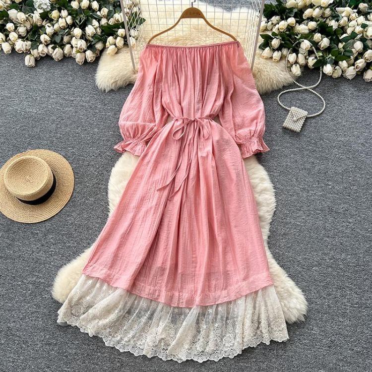 Dolce Abito da Donna Aderente A-line Scollo Bardot Maniche a Lanterna Vita con Fascia Raccoglitore Pizzo Giuntato Abito Lungo