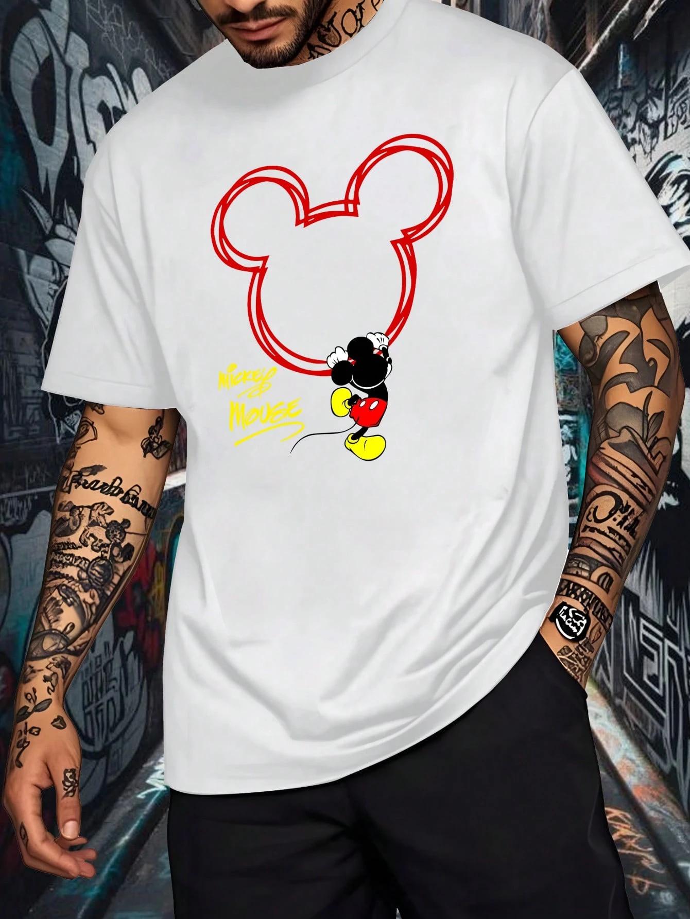 

Disney Mickey Mouse Hanging On A Mickey Sign Print Men s T-shirts Summer Casual Women Short Sleeved Tee Family Matching Outfits 4XL