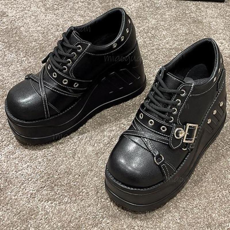 Zapatos de Plataforma Gruesa para Mujer Tacón de Cuña con Cordones Caña Alta Zapatillas Casuales Negras Versátiles Aumentadores de Altura Zapatos de Tacón de Moda Talla35