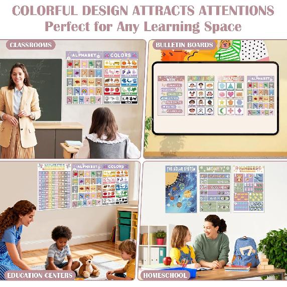 16 Educational Posters for Preschoolers, Laminated PreK Learning Poster Charts for Toddlers 1-3, Learning Wall Charts for Kids’ Bedroom, Playroom,