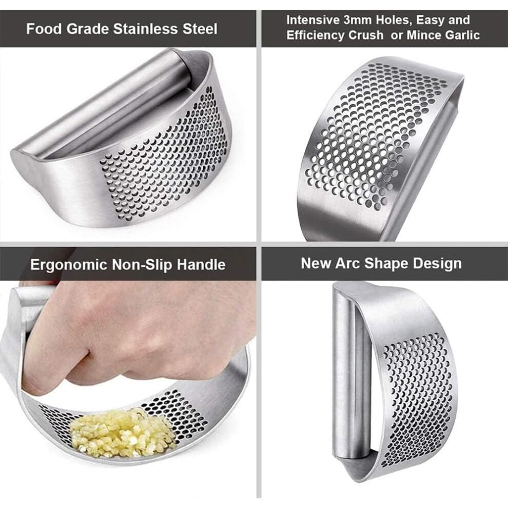 Garlic Press Stainless Steel Rocker Mincer with Silicone Peeler and Cradle Garlic Cutter Kitchen Tool for Easy Crushing
