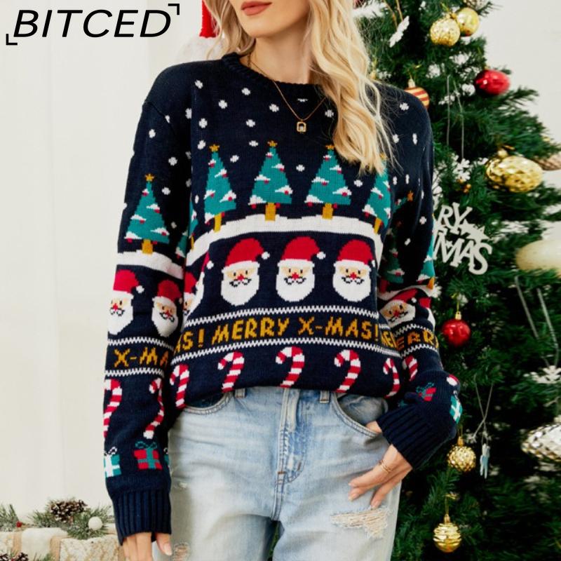BITCED Autumn/Winter Niche Designer Knitwear for Women Christmas Tree Knit Pullover Snowman Patterned Chunky Sweater