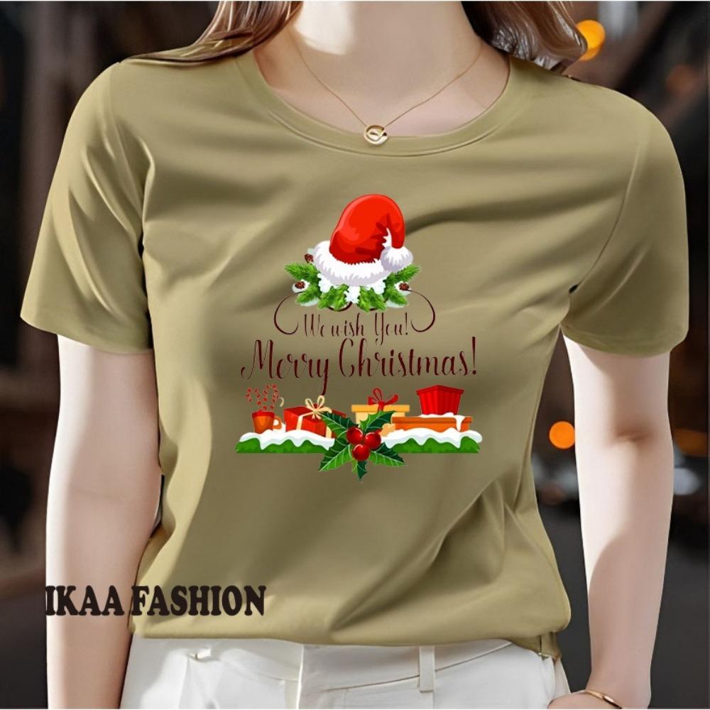 Ladies' Christmas Element Pattern Printed T-shirt - Short Sleeve Round Neck Casual Top