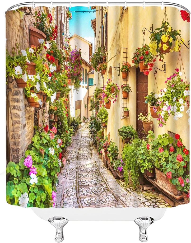 Italy Landscape Shower Curtains European Architecture House Street Colorful Flower Pots Green Leaves Spring Scenery Bathroom