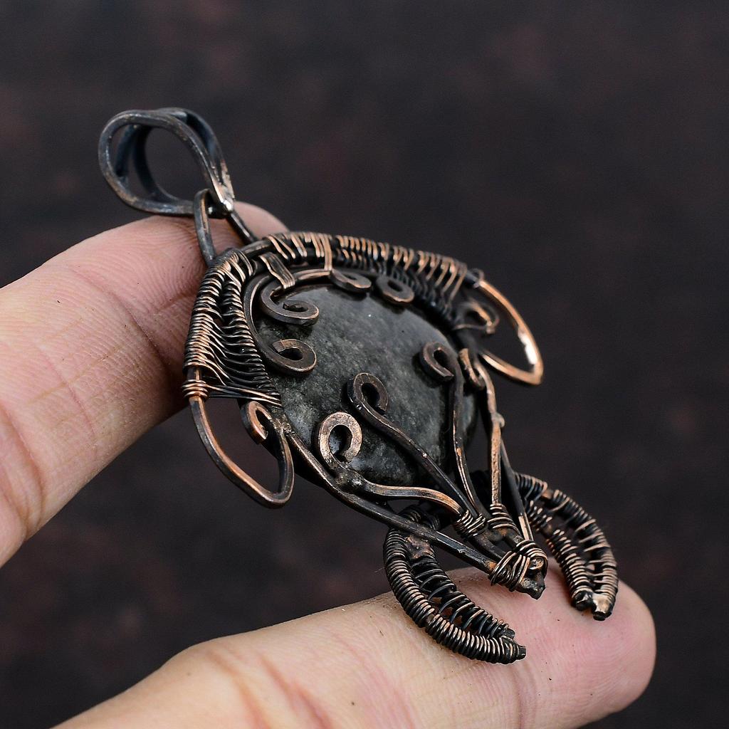Silver Sheen Obsidian Pendant Copper Wire Wrapped Pendant Antique Copper Jewelry Gemstone Pendant Handmade Jewelry Tortoise Pendant For Gift
