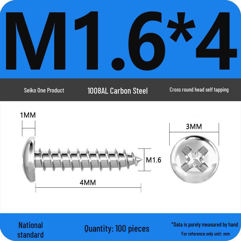 Galvanized Self-Tapping Screws, Round Head, White Zinc, PA Cross Pan, Pointed Tail M1.2-M4