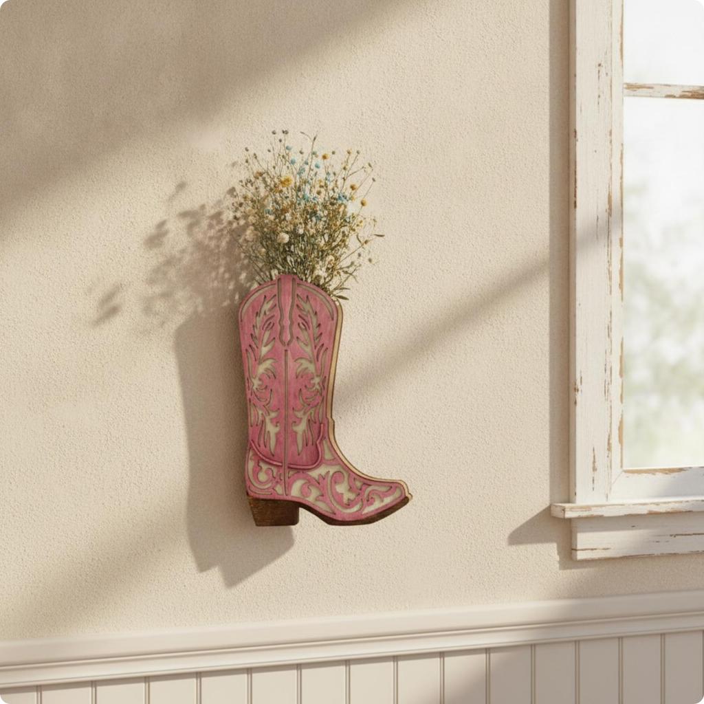 Rustic Wooden Boot Vase with Hanging Hook Vintage-Inspired Cowboy
