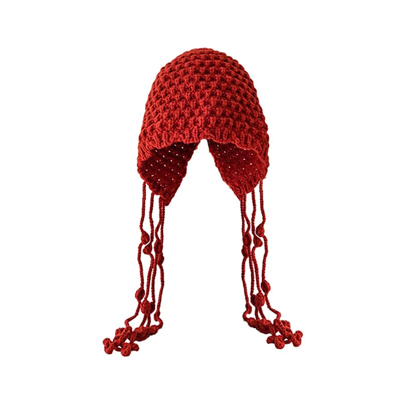 Sweet Handmade Autumn Winter Knitted Beanies Hat Wool Warm Ear Protection Hat Windproof Tassel Pullover Hat
