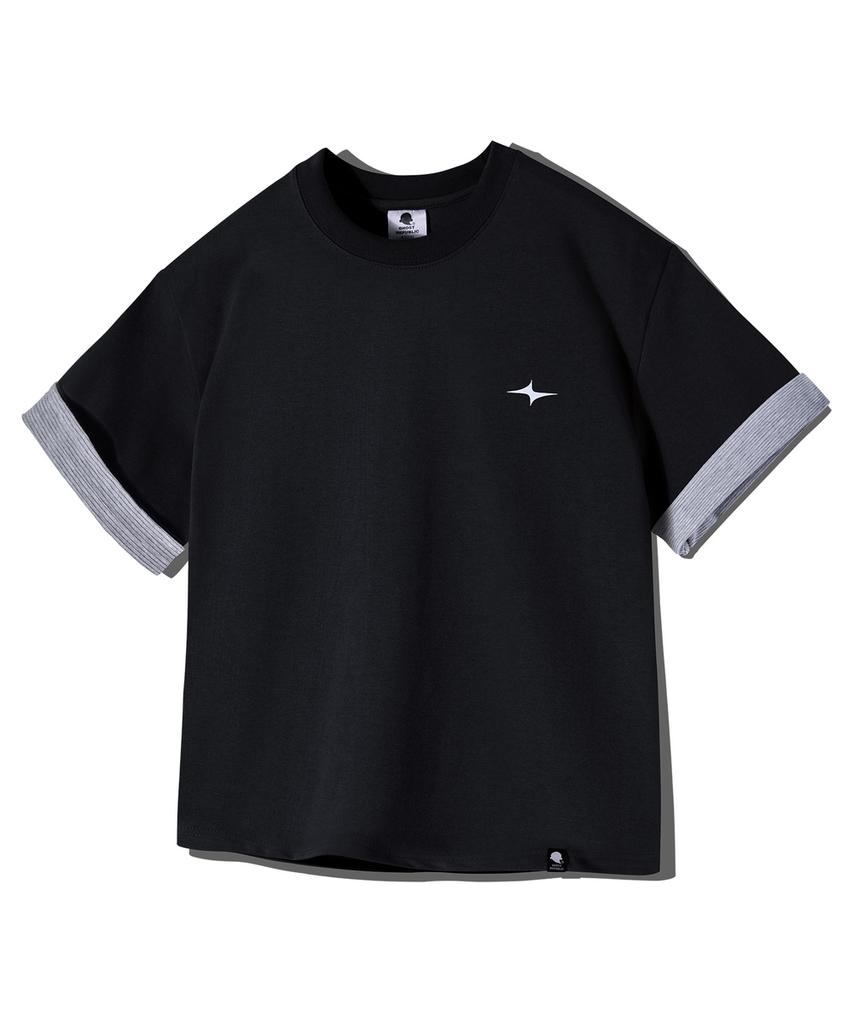GHOST REPUBLIC Crop Stripe Color Block Roll-Up Short Sleeve T-Shirt Gt-392_Black