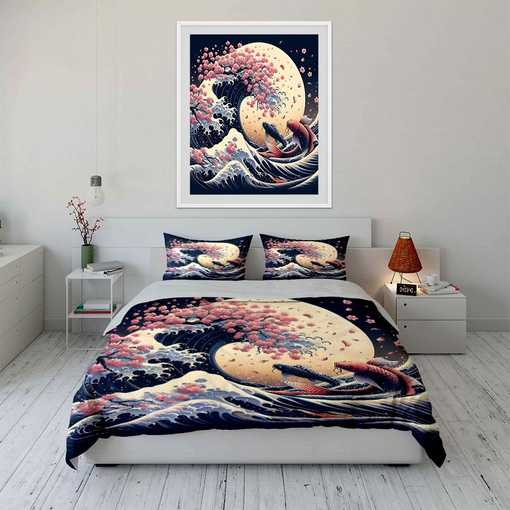 Wave Koi Sakura Decor Set Multiple Sizes Kid'S And Adults' Bedroom Exquisite 3Pc Bedding Set, Gift
