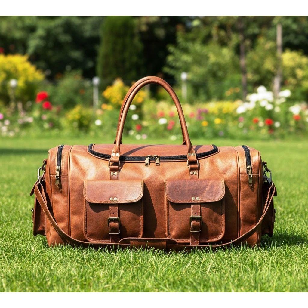 Leather 24 Inch U Zip Holdall Luggage Handmade Duffel Bag Carryall Weekender Travel Overnight Gym Sports Carry On Duffel Bag For Men And Women