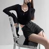 Women's Blouse Long-sleeved T-shirt Spring and Autumn Half-open Collar Solid Colour Bottoming Shirt Slim Spice Girls Short Tops