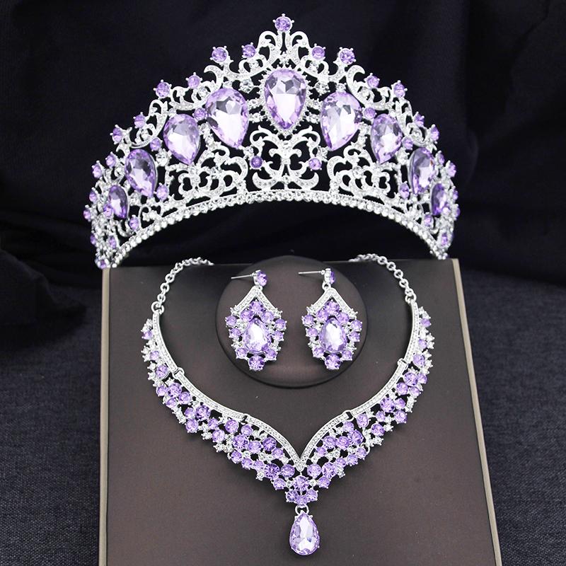 

Baroque 3pcs/set Bridal Wedding Crown Princess Queen Water Drop Crystal Big Tiaras and Necklace Earrings Costume Jewelry Sets