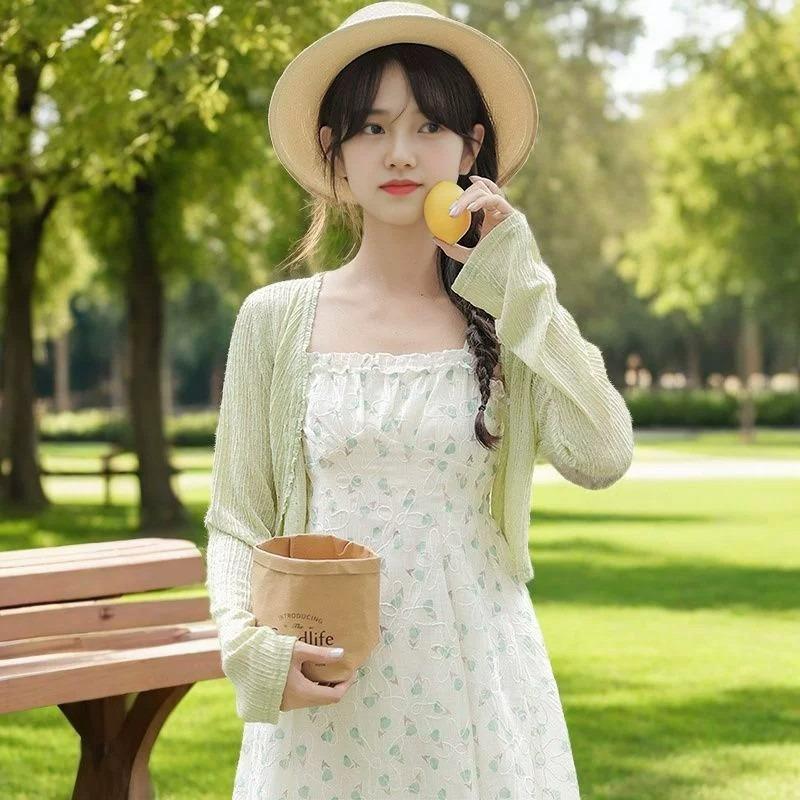 Sunscreen cardigan women's spring clothing thin fat mm outer with small shawl with suspender skirt sweet short top