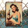 Vintage PinUp Pale Girl Metal Tin Sign  Retro Art Wall Decor   Rustic Green Dress with Red Heart Detail Perfect for Bar