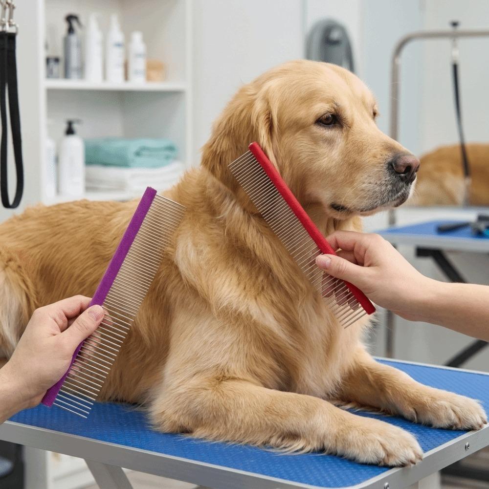 Double Density Teeth Dog Grooming Comb Non Slip Handle Dual Teeth Comb Pet Salon Groom Red 16cm