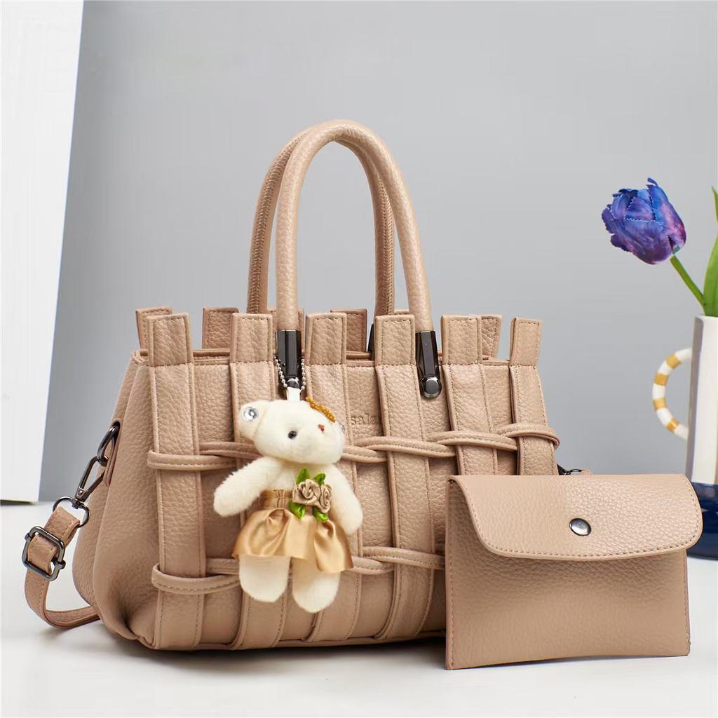 Lychee Leather Handbag and Purse For Women, Ladies Top Handle Satchel Tote with Hanging Ornament, Girls Crossbody Shoulder Bags