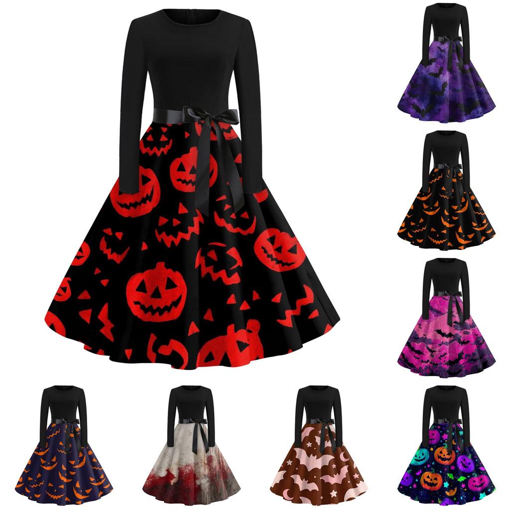 Women's Casual Long Sleeve Fit and Flare Dress Round Neck Halloween Print Full Skirt Midi Dress with Waist Tie Belt