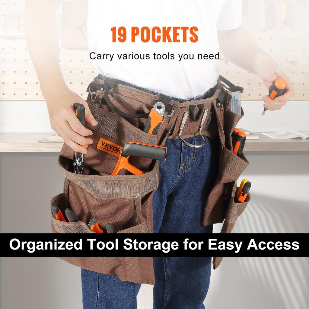 Tool Belt, 19 Pockets, Adjusts from 32 Inches To 54 Inches, Polyester Heavy Duty Tool Pouch Bag, Detachable Tool Bag for Electrician, Carpenter,