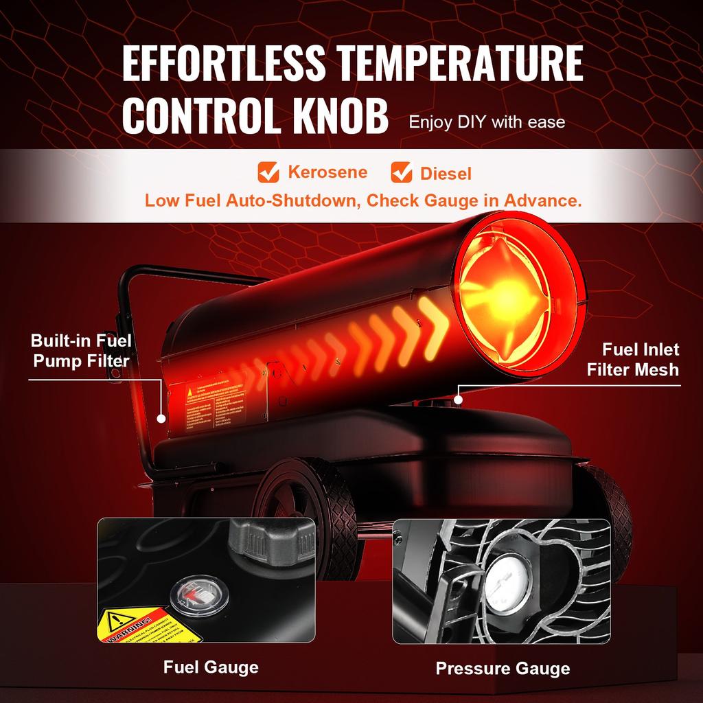 VEVOR Kerosene/Diesel Forced Air Heater, 100000Btu Torpedo Space Heater, Portable with Thermostat Control
