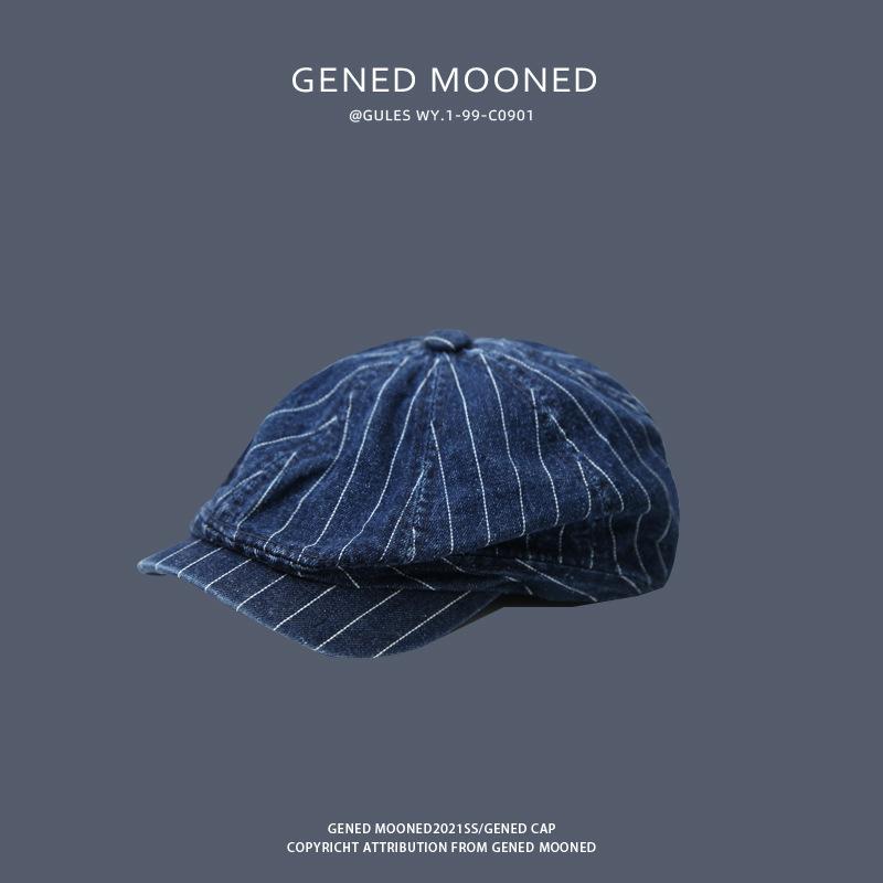 

Весенне-летняя новинка выстиранная полосатая джинсовая кепка газетчика ретро литературная и художественная всесезонная рабочая повседневная кепка вперед женская M（56-58cm） синий