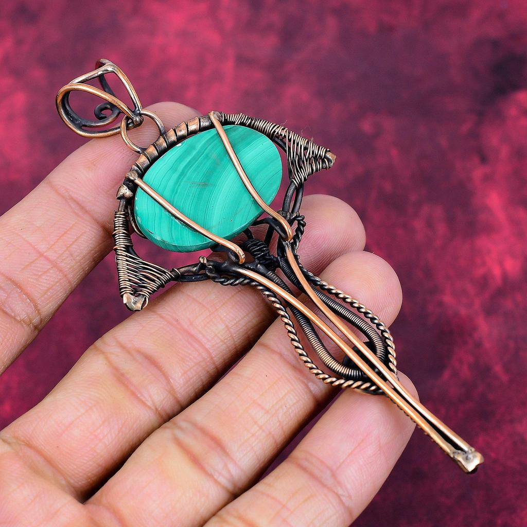 Malachite Gemstone Pendant Copper Wire Wrapped Pendant Handmade Antique Jewelry
