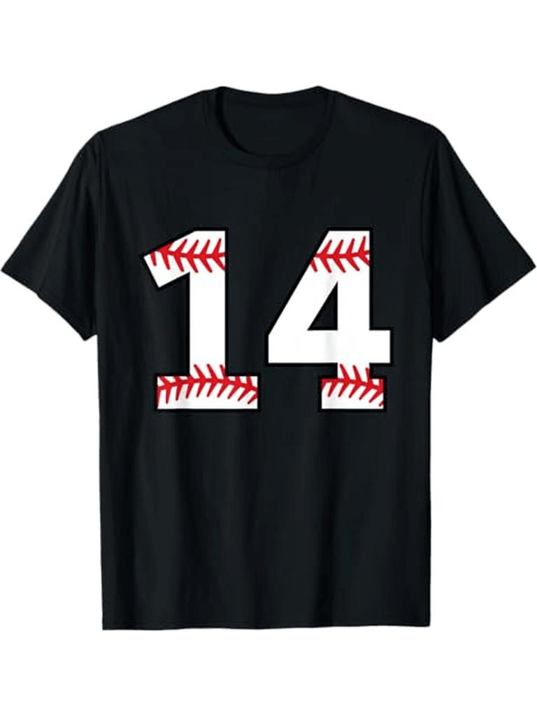 unisex'S Baseball Jersey Number 14 T-Shirt - 100% Breathable All-Season Comfort, Red & Baseball Stitch Design, Round Neck Short Sleeve Casual Sports F