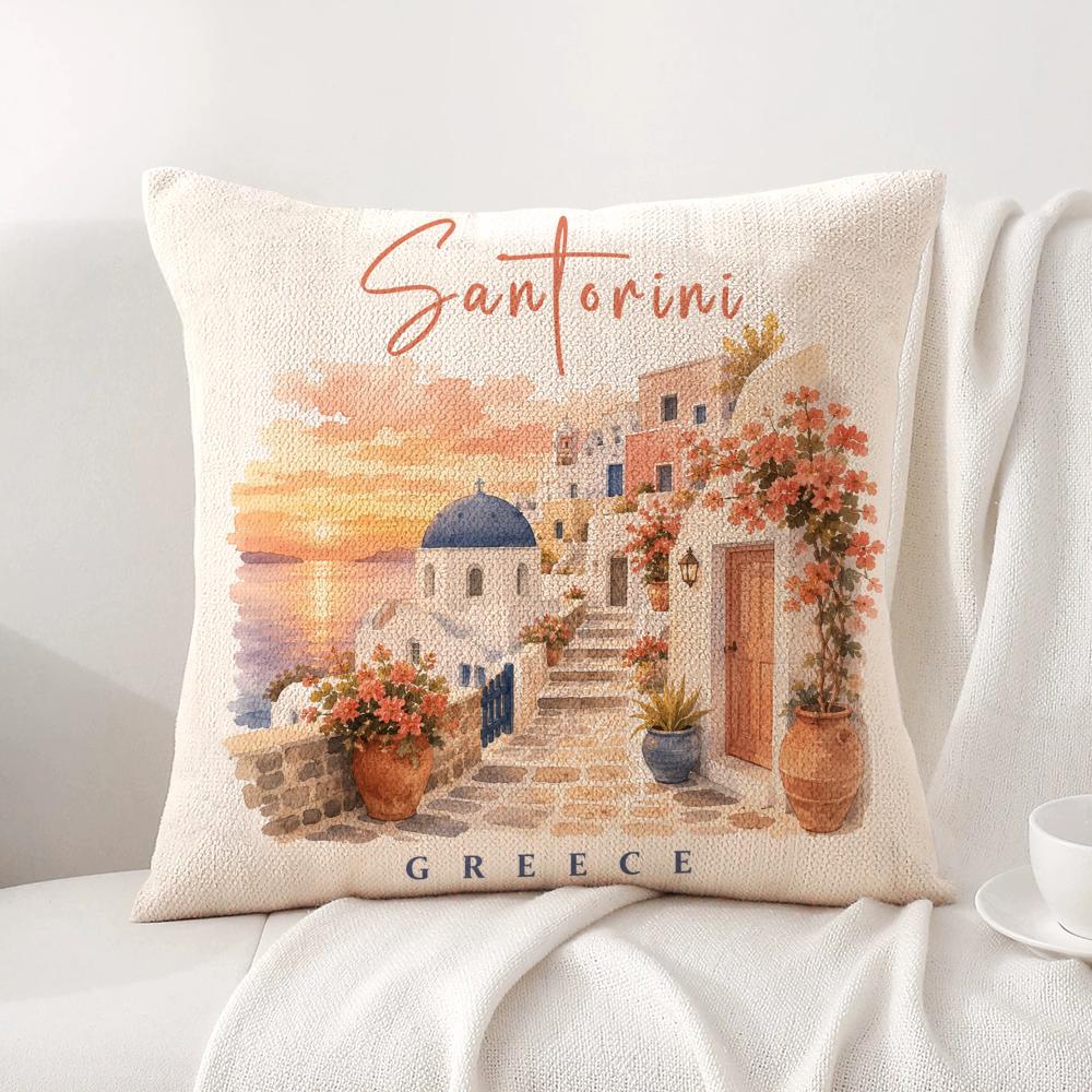 Greek Santorini Cushion Cover Linen Organic Fabric DoubleSided Printing Sofa Breathable Home Decor Gift Pillow Case