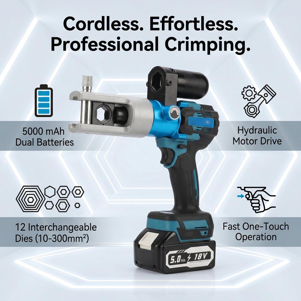 Electric Hydraulic Cable Crimping Tool Portable Wire Lug Crimper and Dies for Copper Aluminum Terminals Blue US Plug