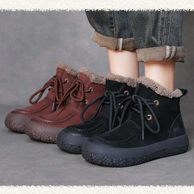 Johnature Botas Curtas de Lã em Couro Genuíno Casuais Quentes e Peludas com Solado Macio Botas de Algodão Femininas