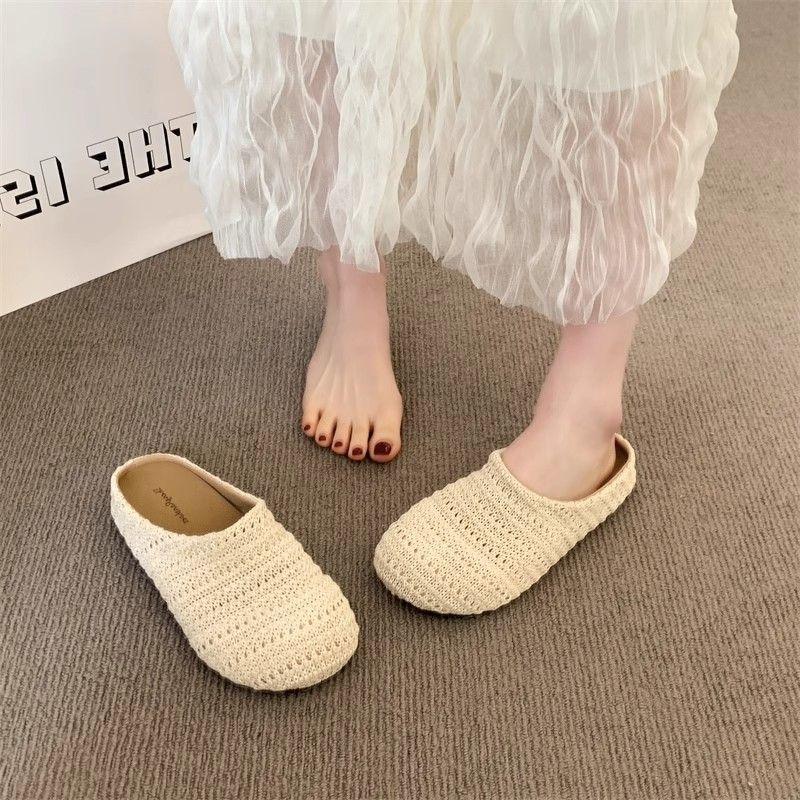 Wind woven hollow breathable bag head half slippers women wear flat bottom summer new lazy sandals