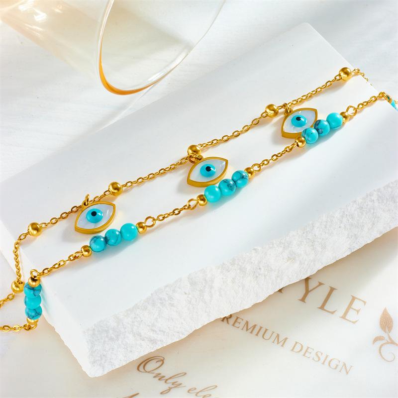 Gold Tone Double Layer Turquoise Beaded Star Charm Anklet