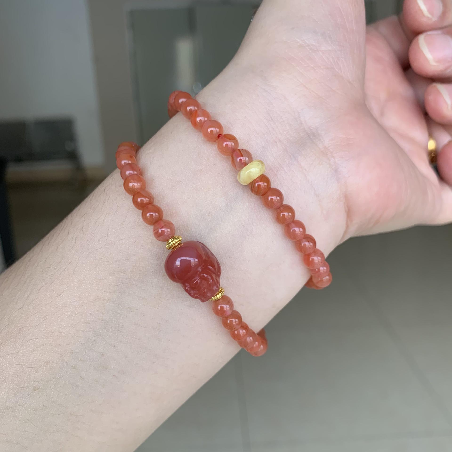 5mm South Red Cherry Double-Circle Pixiu Bracelet with Amber