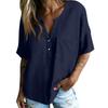Women Casual V Neck Blouse Short Sleeve Bohemian Style Shirt Loose Fit Lightweight Summer Top with Button Detail and Pocket