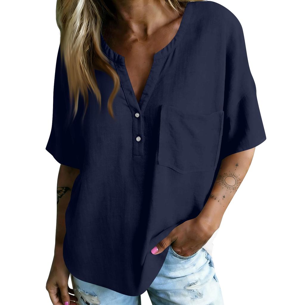 Women Casual V Neck Blouse Short Sleeve Bohemian Style Shirt Loose Fit Lightweight Summer Top with Button Detail and Pocket