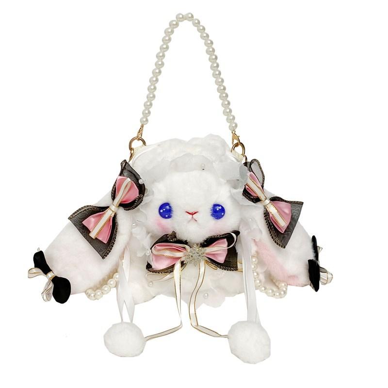 Lolita Bag Handmade Lolita Handmade Rabbit Bag Drawstring Diagonal Span Can Be Double Shoulder Large Capacity Pearl Plush Female Cute