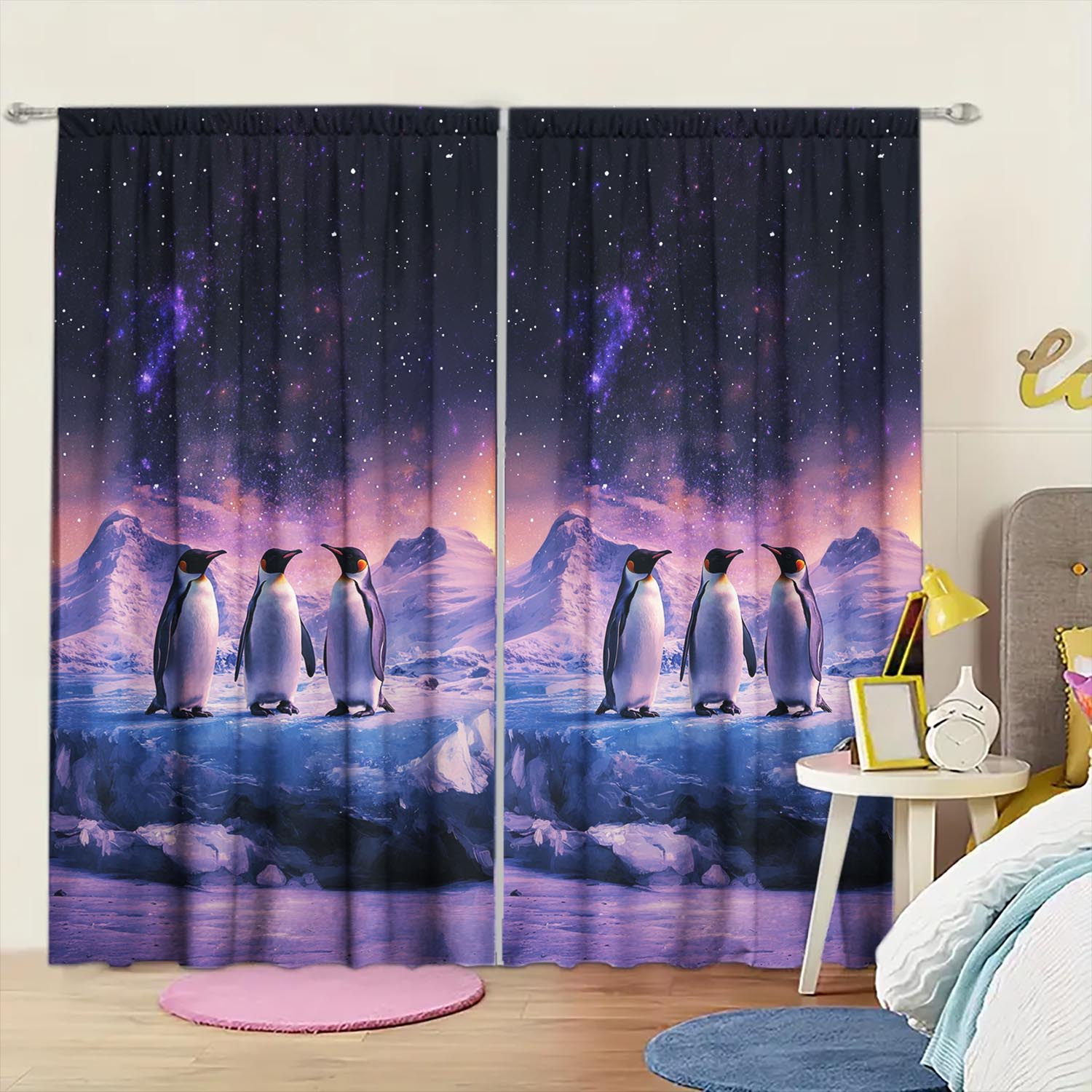 

2 Panels Antarctic Glacier Penguin Decorative Curtains Semi Transparent Without Lining Durable Polyester Fiber Curtains 100*130 Rod Pocket 1pcs