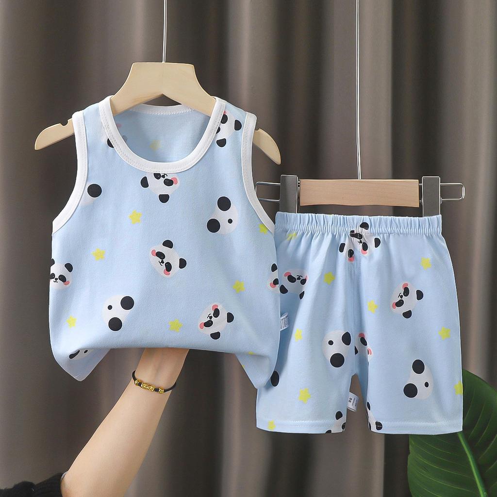 Summer Kids Non Sleeve O Neck Vest Pants Set Casual Baggy 2pcs Suit Cotton Cartoon Printes Outfit