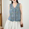 Sleevess plus size vintage embroidery floral denim vest jaket causal loose spring summer autumn women's jackets and vests