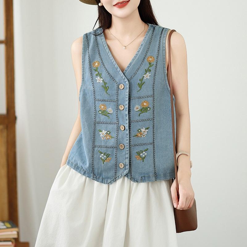 Sleevess plus size vintage embroidery floral denim vest jaket causal loose spring summer autumn women's jackets and vests