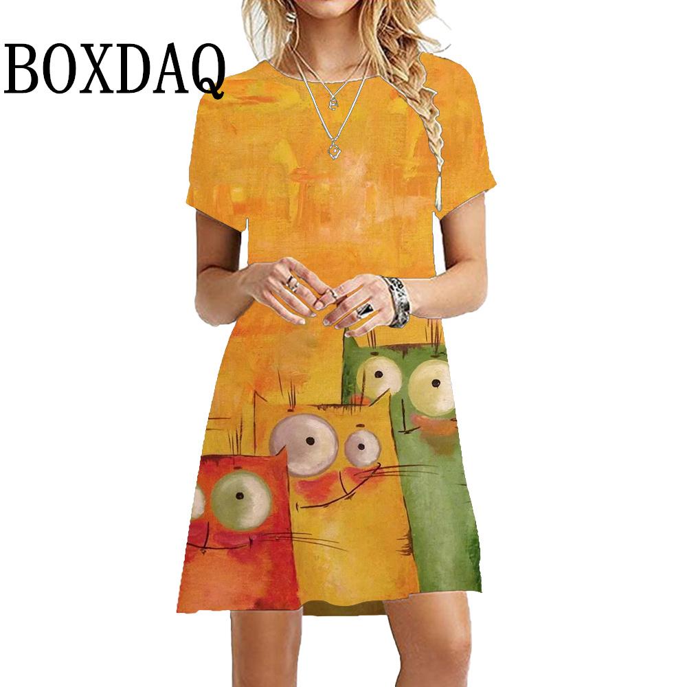 Caton Cute Cat 3D Printed Girl Dress Summer Feminine Kawaii Elegant Cat Casual Dress