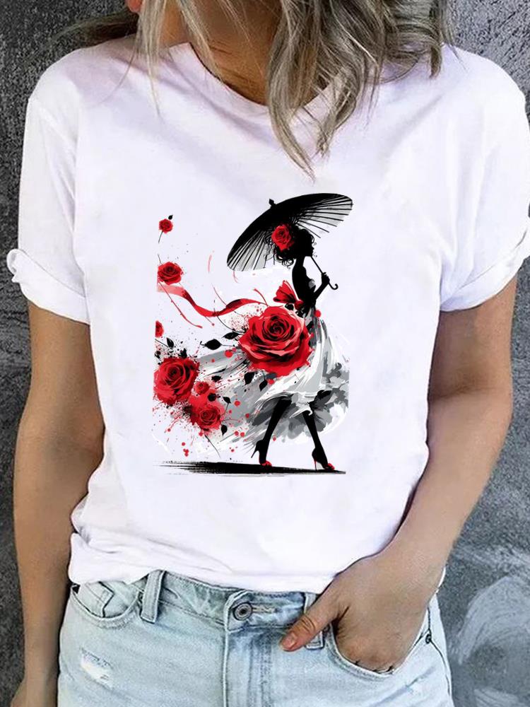 (Asian Size) Watercolor Flower Short Sleeve T-shirts Printed Clothing Lady Female Top Casual T Shirt Fashion Women Graphic Tee