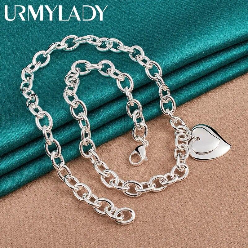 URMYLADY 925 Prata Esterlina Coração Duplo 18 Polegadas Pingente Colar Para Mulheres Casamento Noivado Moda Jóias