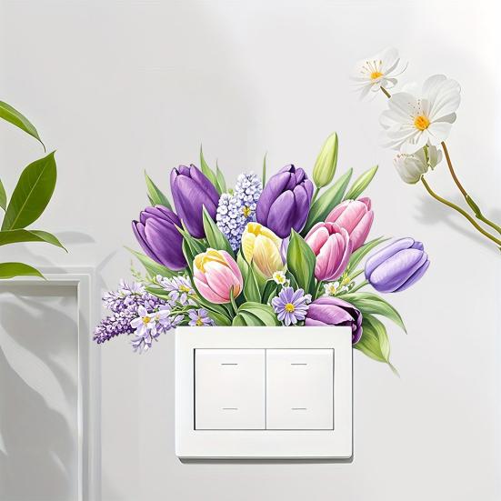 Yousheng Watercolor Tulip Flower Switch Sticker, Removable Floral Wall Decal for Light Switch, Outlets, Ledge, Bedroom, Living Room, Classroom Decor