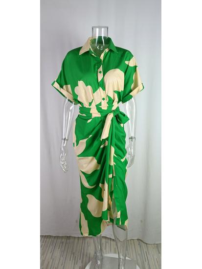 2024 INS Autumn Women's European & American High Waist Print Shirt Dress with Turn-down Collar and Short Sleeves