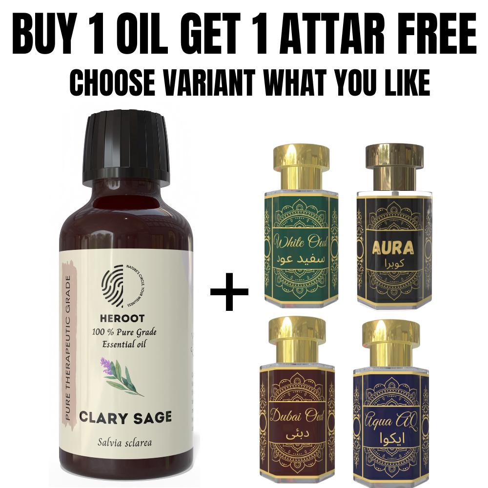 Clary Sage Essential Oil 10ml for Aromatherapy & Home Fragrance get 1 Free 6 ml Attar – Aqua AQ, Dubai Oud, Aura, White Oud