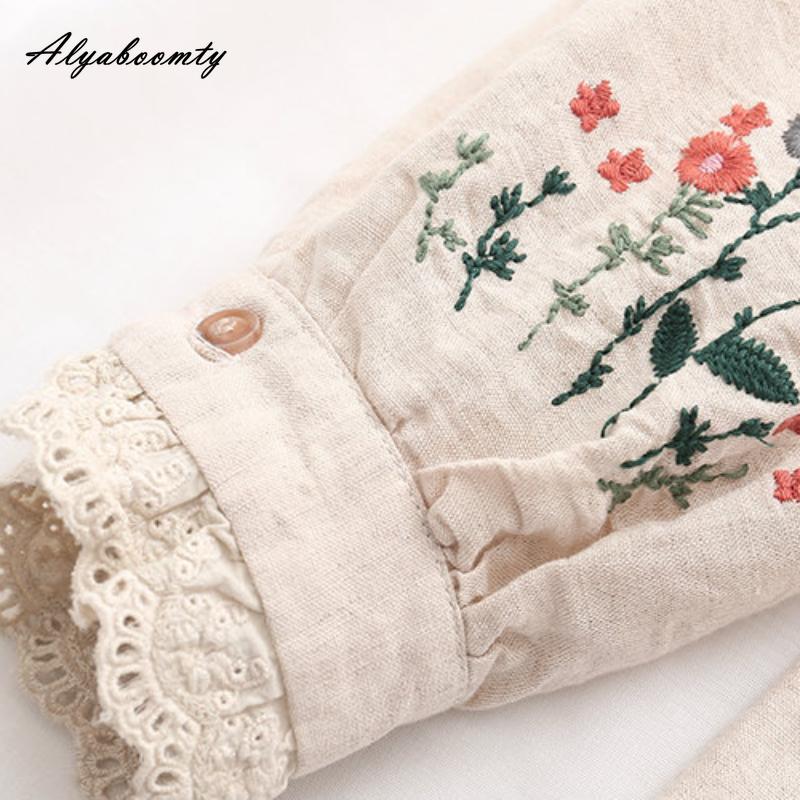 Japanese Mori Girl Spring Autumn Women Cotton Blouse Turn-Down Collar Floral Embroidery Apricot Shirt Long Sleeve Vintage Blouse